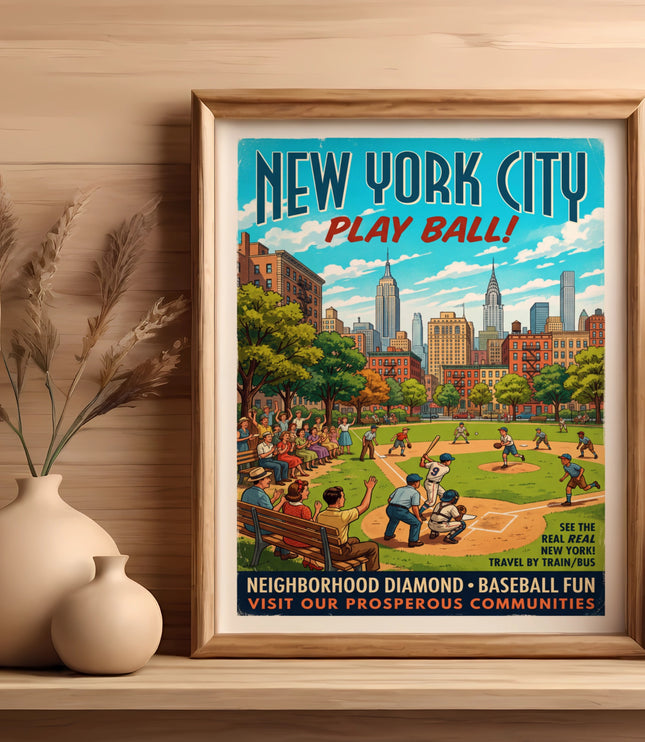 Retro New York City baseball poster with cityscape and baseball game.