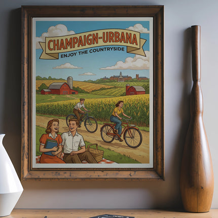 Vintage Champaign-Urbana poster with people picnicking and cycling.