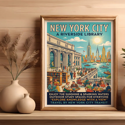 New York City Riverside Library poster with people dining and studying outdoors.