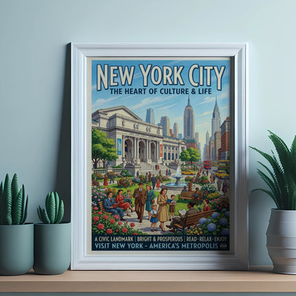 New York City poster with iconic buildings and people enjoying the city.