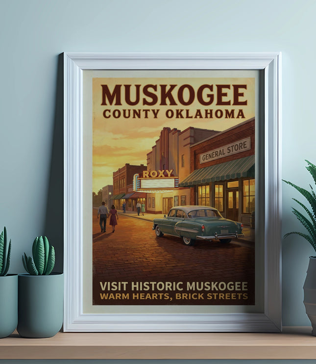 Vintage poster of Muskogee County Oklahoma, with Roxy theater, general store, car, and couple.