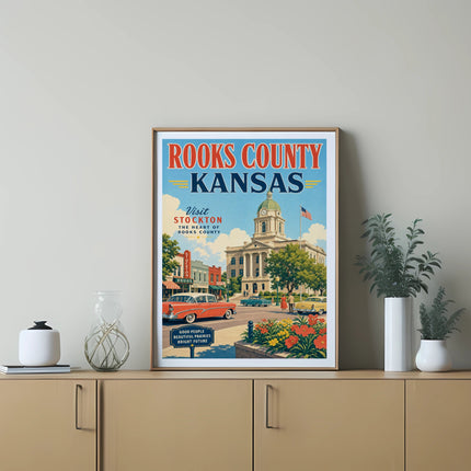 Vintage poster of Rooks County, Kansas featuring Stockton's town square and a classic car.