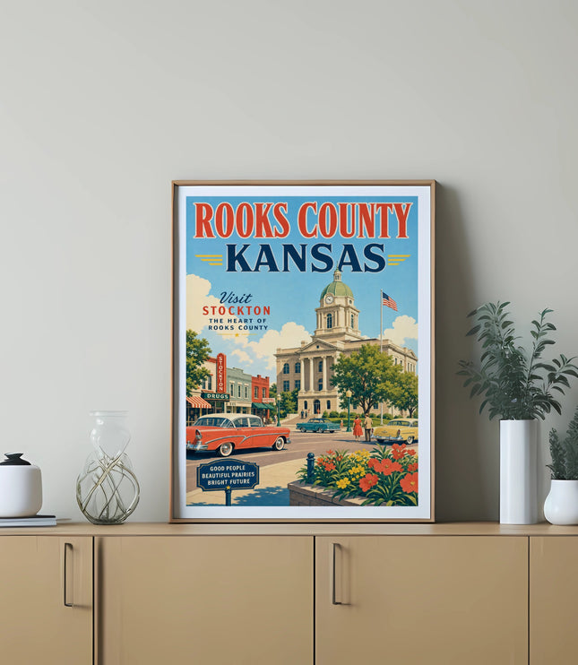 Vintage poster of Rooks County, Kansas featuring Stockton's town square and a classic car.