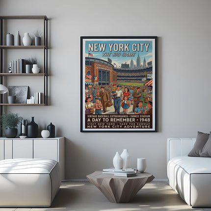 Vintage New York City 1948 baseball poster with Yankee Stadium and crowds.
