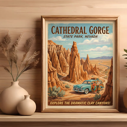 Cathedral Gorge State Park, Nevada poster with vintage car and family exploring clay canyons.