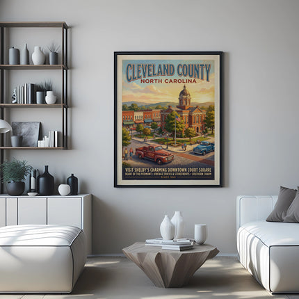 Cleveland County North Carolina poster showing Shelby's charming downtown court square.