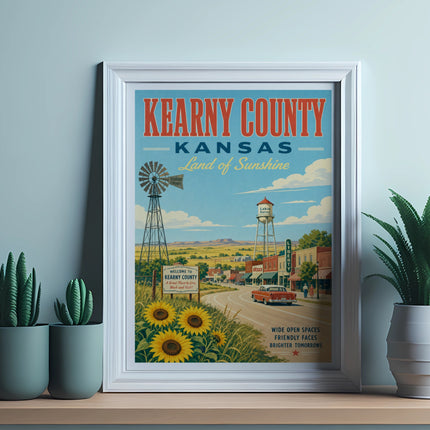 Kearny County Kansas poster with vintage car, sunflowers, and water tower.