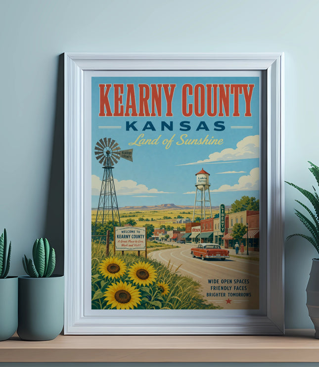 Kearny County Kansas poster with vintage car, sunflowers, and water tower.