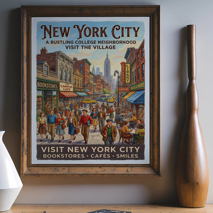 Vintage New York City poster showing a bustling street scene with shops and people.