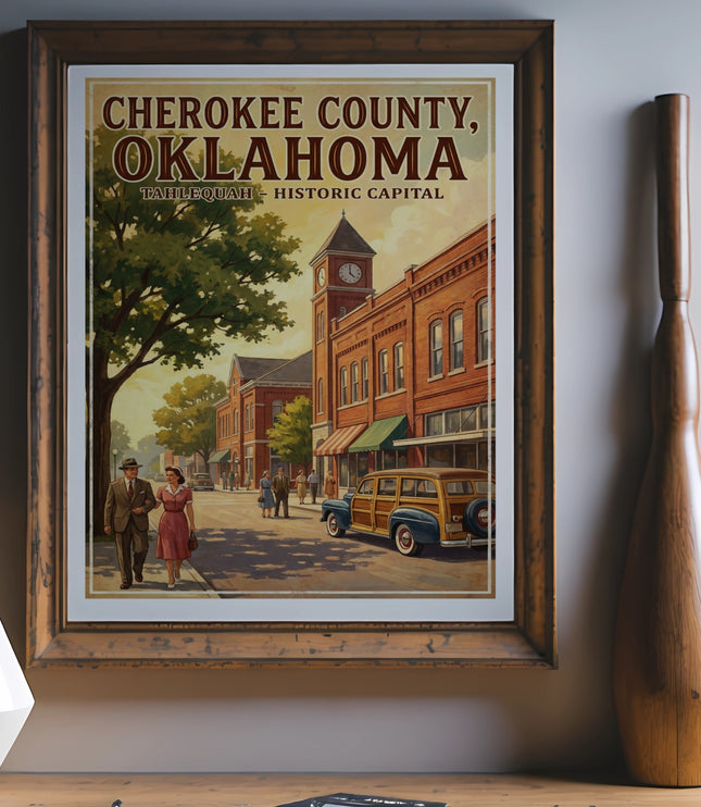 Framed poster of Cherokee County, Oklahoma, Tahlequah - Historic Capital scene.