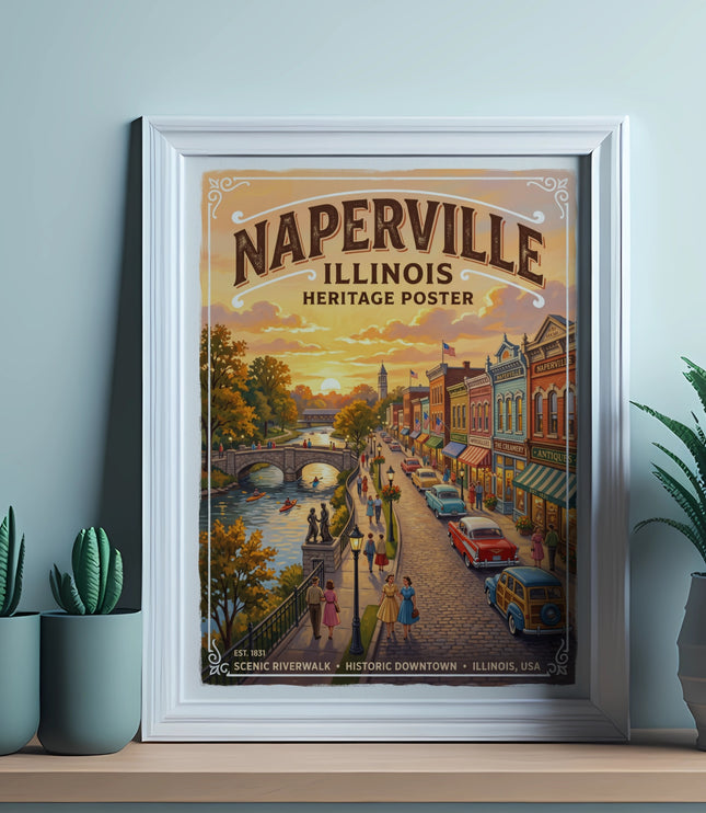 Naperville Illinois Heritage Poster showing historic downtown and riverwalk scene at sunset.