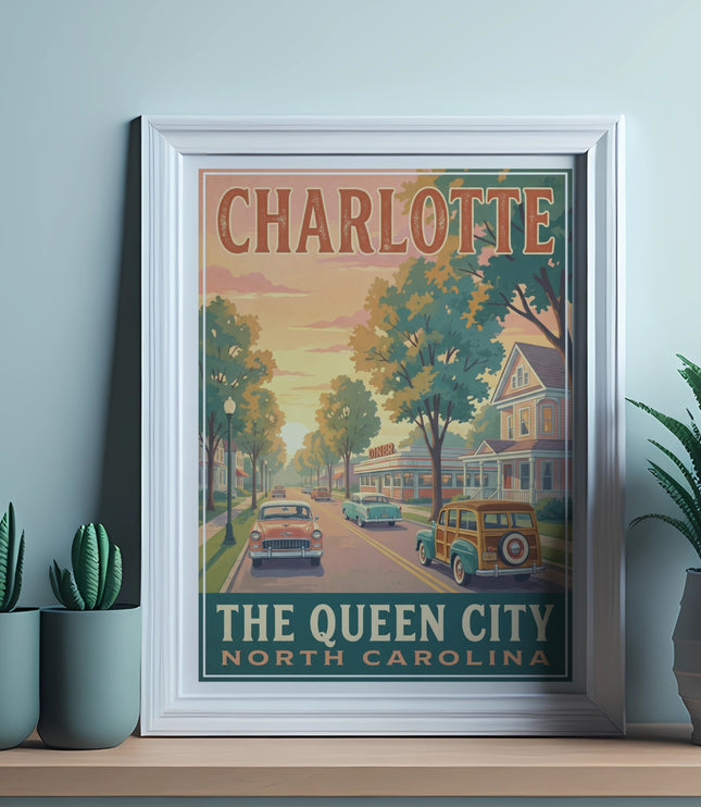 Framed Charlotte North Carolina poster with vintage cars and a diner.