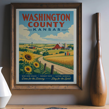 Washington County, Kansas vintage travel poster with sunflowers and farm scene.