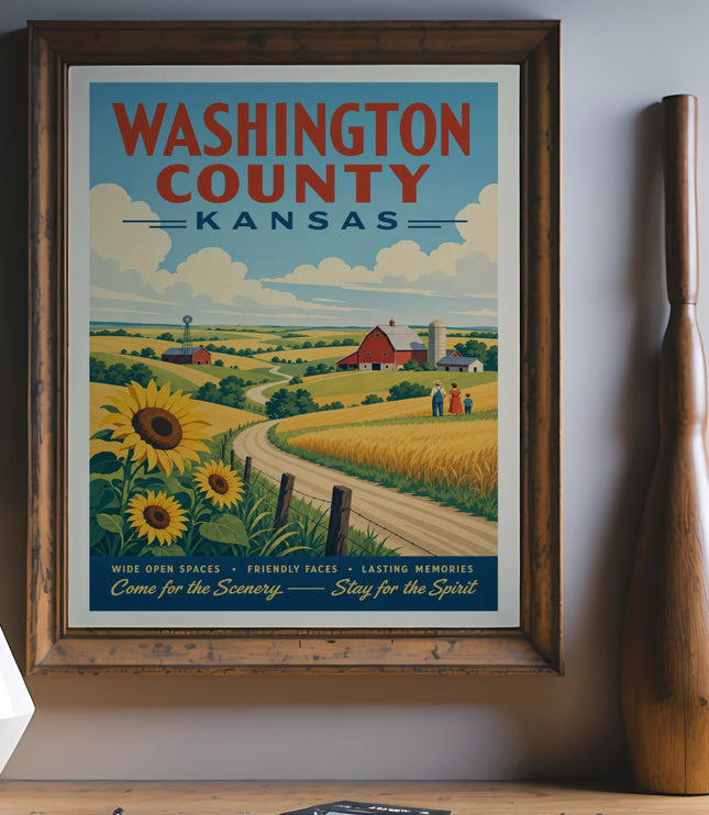 Washington County, Kansas vintage travel poster with sunflowers and farm scene.