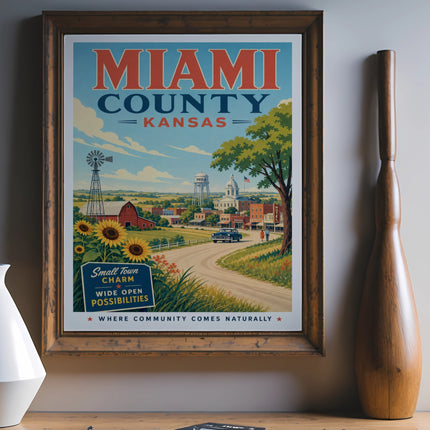 Miami County Kansas travel poster with sunflowers, windmill, and town scene.