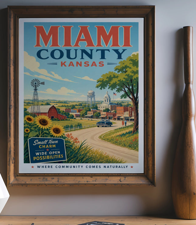Miami County Kansas travel poster with sunflowers, windmill, and town scene.