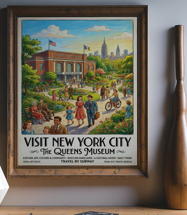 Visit New York City The Queens Museum vintage travel poster art by subway.
