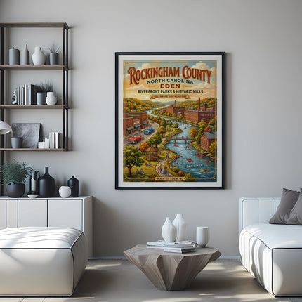 Framed vintage poster of Rockingham County, North Carolina, showing Eden and Dan River.