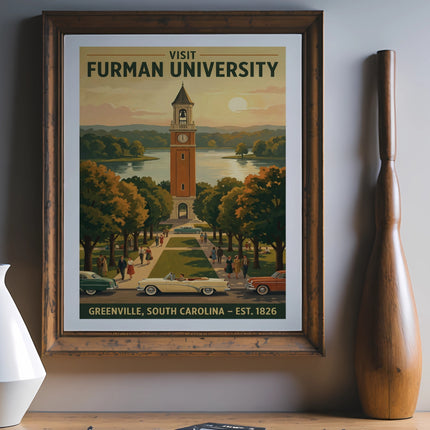 Vintage poster of Furman University with clock tower and lake, Greenville, SC.