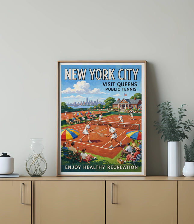 New York City Visit Queens Public Tennis poster with tennis players and spectators.