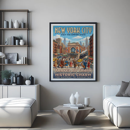 New York City travel poster featuring Grand Central Terminal, with a retro train illustration.