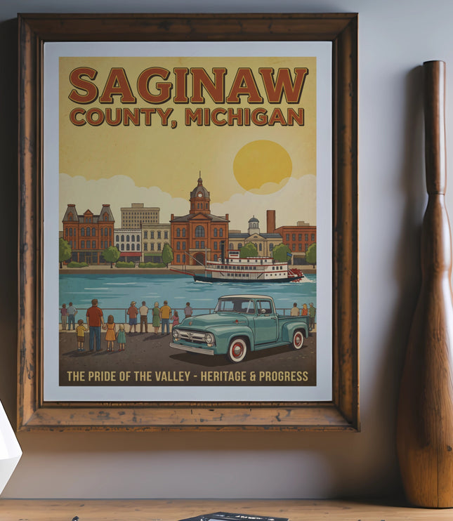 Saginaw County, Michigan vintage poster featuring a riverfront cityscape and a classic truck.
