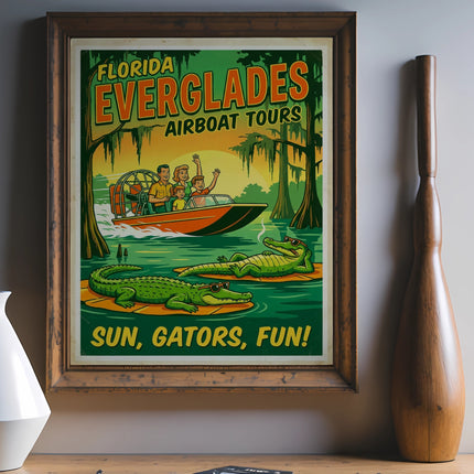 Florida Everglades airboat tour poster with sun, alligators, and fun.