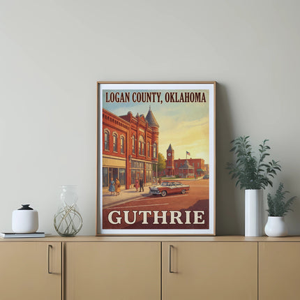 Poster of Guthrie, Logan County, Oklahoma with vintage cars and buildings.