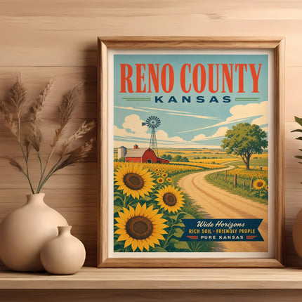Reno County, Kansas poster with sunflowers, windmill, and text.