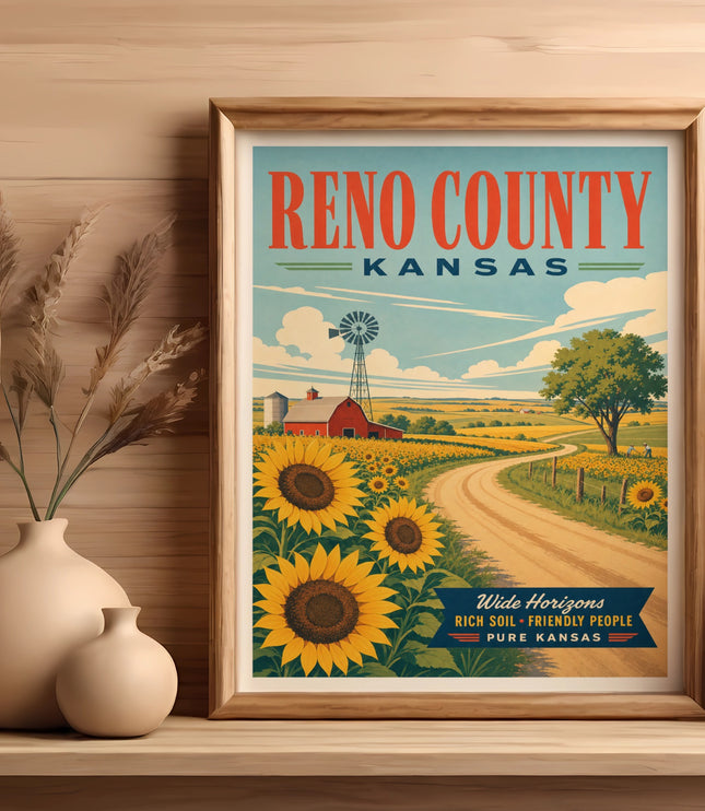 Reno County, Kansas poster with sunflowers, windmill, and text.