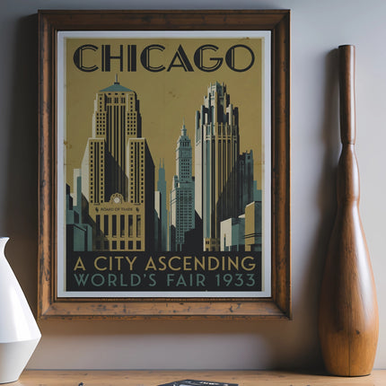 Vintage Chicago World's Fair poster framed on a wall.