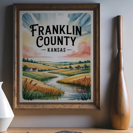 Franklin County, Kansas landscape artwork with rolling hills and river.