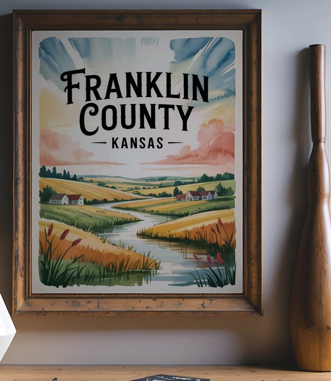 Franklin County, Kansas landscape artwork with rolling hills and river.