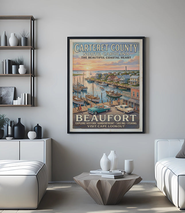 Vintage poster of Beaufort, North Carolina harborfront with boats and carousel cars.
