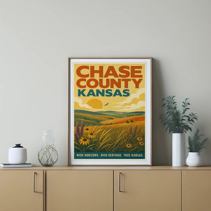 Chase County Kansas vintage travel poster with rolling hills and sunflowers.