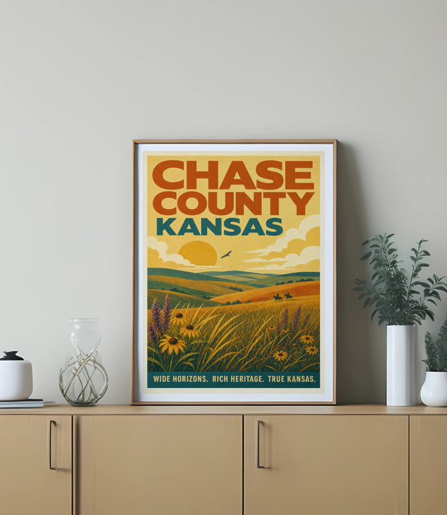Chase County Kansas vintage travel poster with rolling hills and sunflowers.