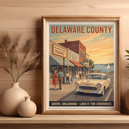 Delaware County travel poster shows shops, car, and lake scene with text.