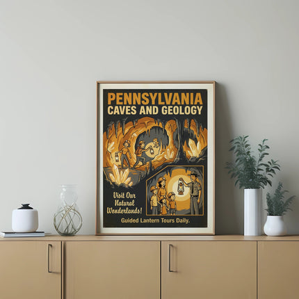 Pennsylvania Caves and Geology poster with guided lantern tours.