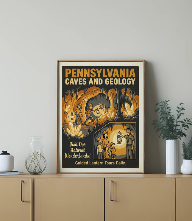 Pennsylvania Caves and Geology poster with guided lantern tours.