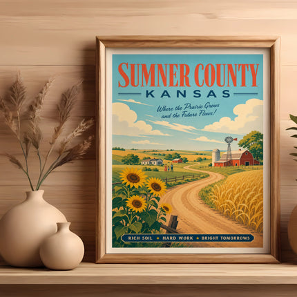 Sumner County, Kansas vintage travel poster with farm scene.