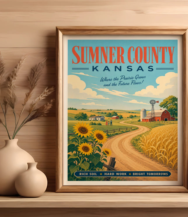 Sumner County, Kansas vintage travel poster with farm scene.