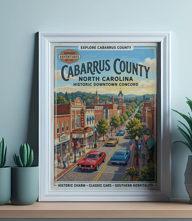 Cabarrus County North Carolina historic downtown Concord vintage travel poster.