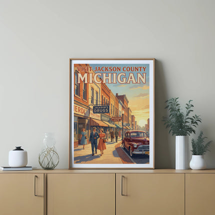Retro art print showing a street scene in Jackson County, Michigan with text.