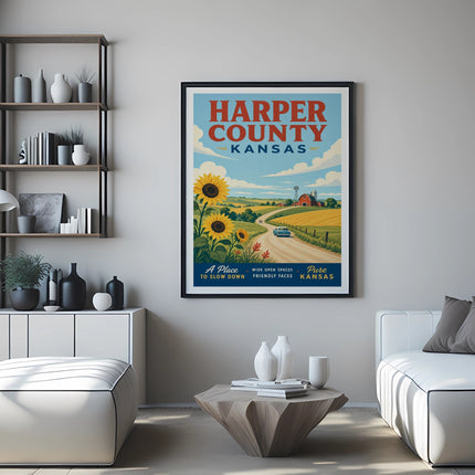 Harper County Kansas travel poster with sunflowers and a barn.