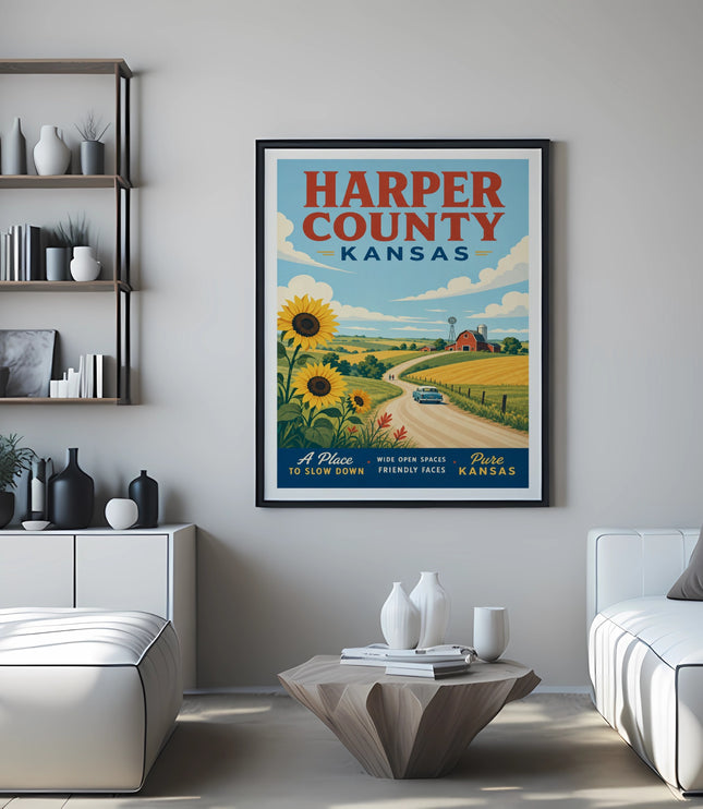 Harper County Kansas travel poster with sunflowers and a barn.