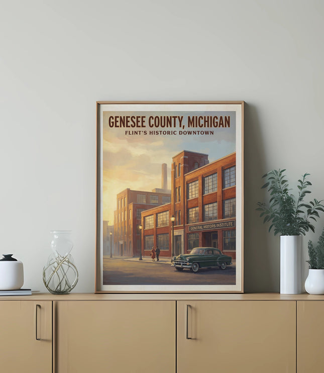 Genesee County, Michigan Flint's Historic Downtown poster with vintage car.