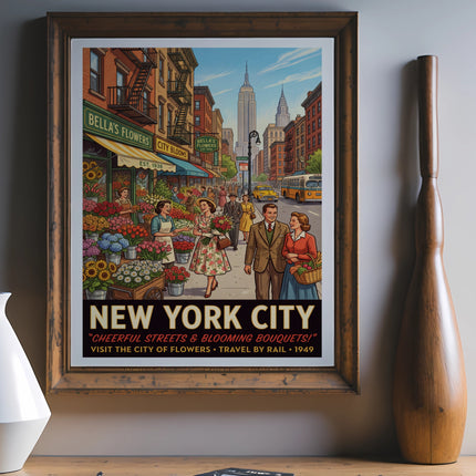Vintage New York City poster with floral shop, Empire State Building, and text.