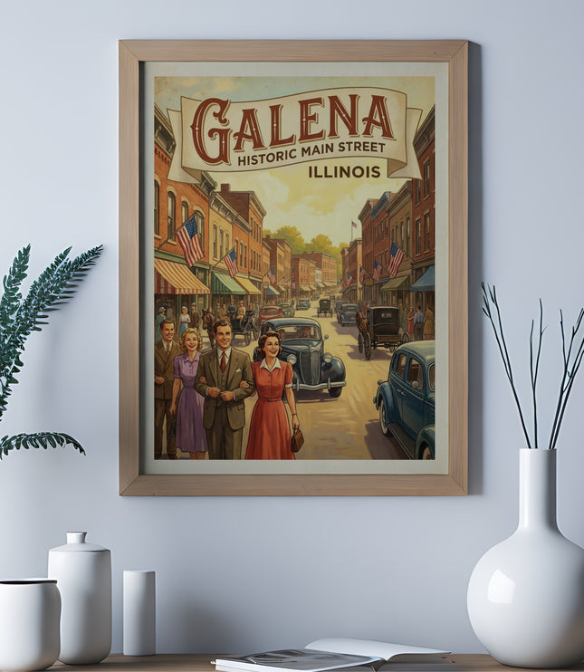 Galena Historic Main Street Illinois vintage art print featuring people and cars.