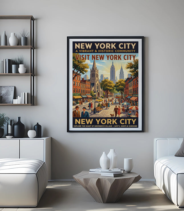 New York City vintage travel poster showing a street scene with buildings and people.
