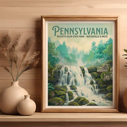 Framed print of Ricketts Glen State Park waterfalls and moss in Pennsylvania.